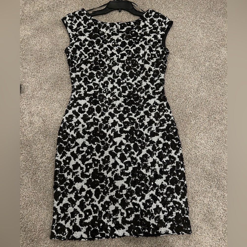 Cocktail Mini Dress- Size 8- black and white sequin in leopard print pattern